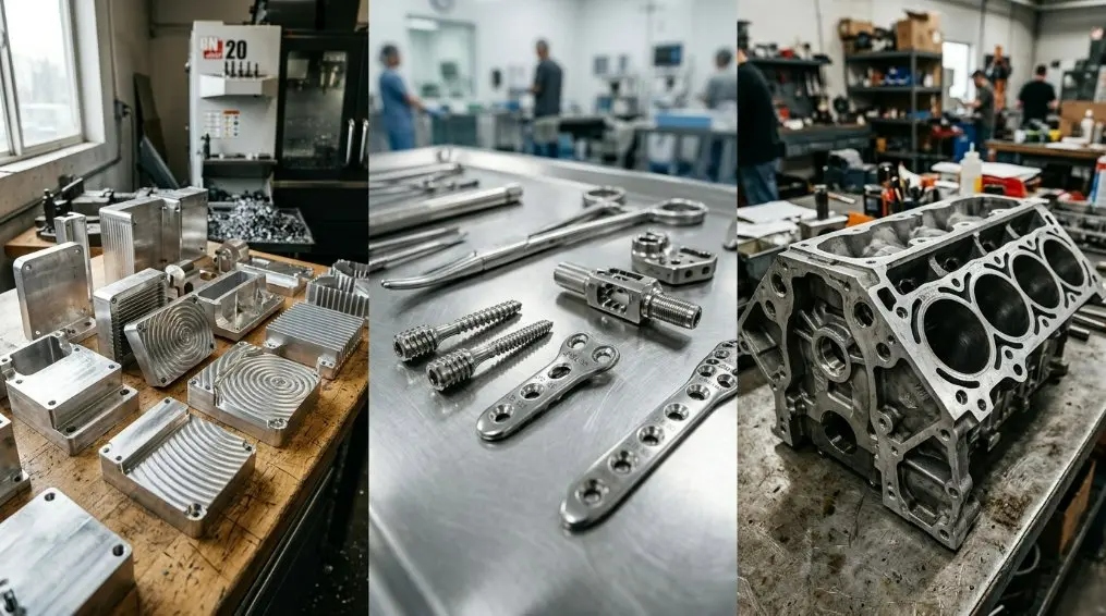 A montage showing specialized CNC parts: high-volume aluminum parts for Vietnam, medical devices for Malaysia, and automotive engine components for Thailand.