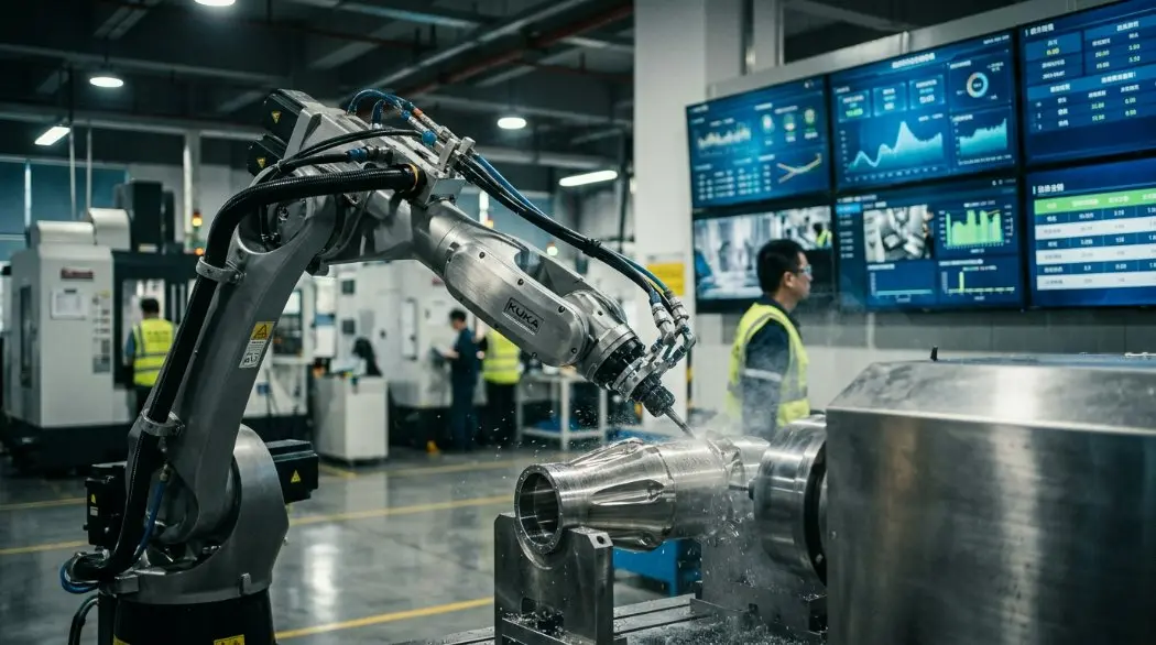 High-tech CNC machining facility in China with robotic arms and digital monitoring screens displaying AI data metrics.